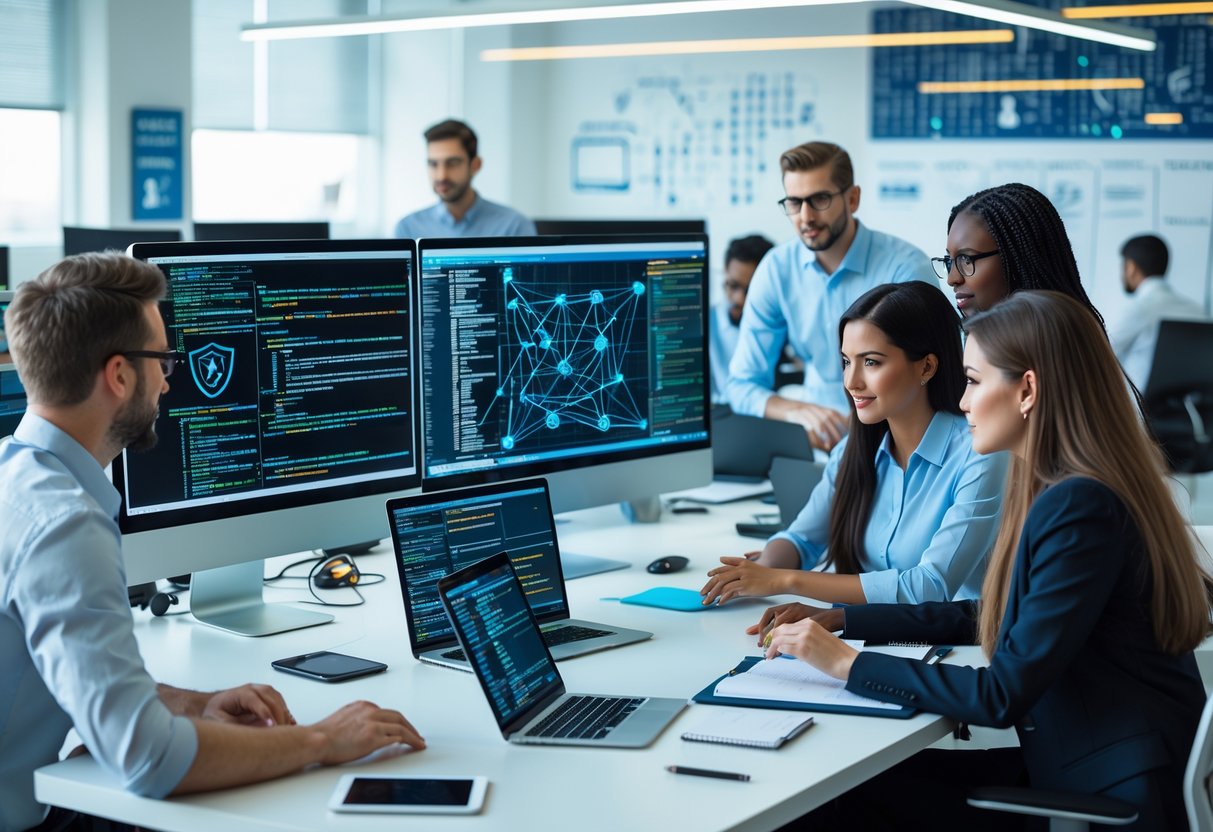 A group of cybersecurity professionals working together at a desk with multiple computer screens showing code and network diagrams in a modern office.