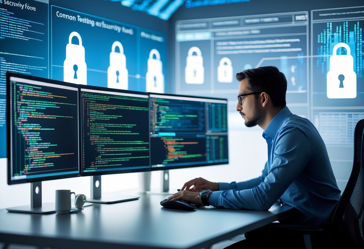 A cybersecurity expert analysing multiple computer screens showing code and network diagrams in a modern office environment.