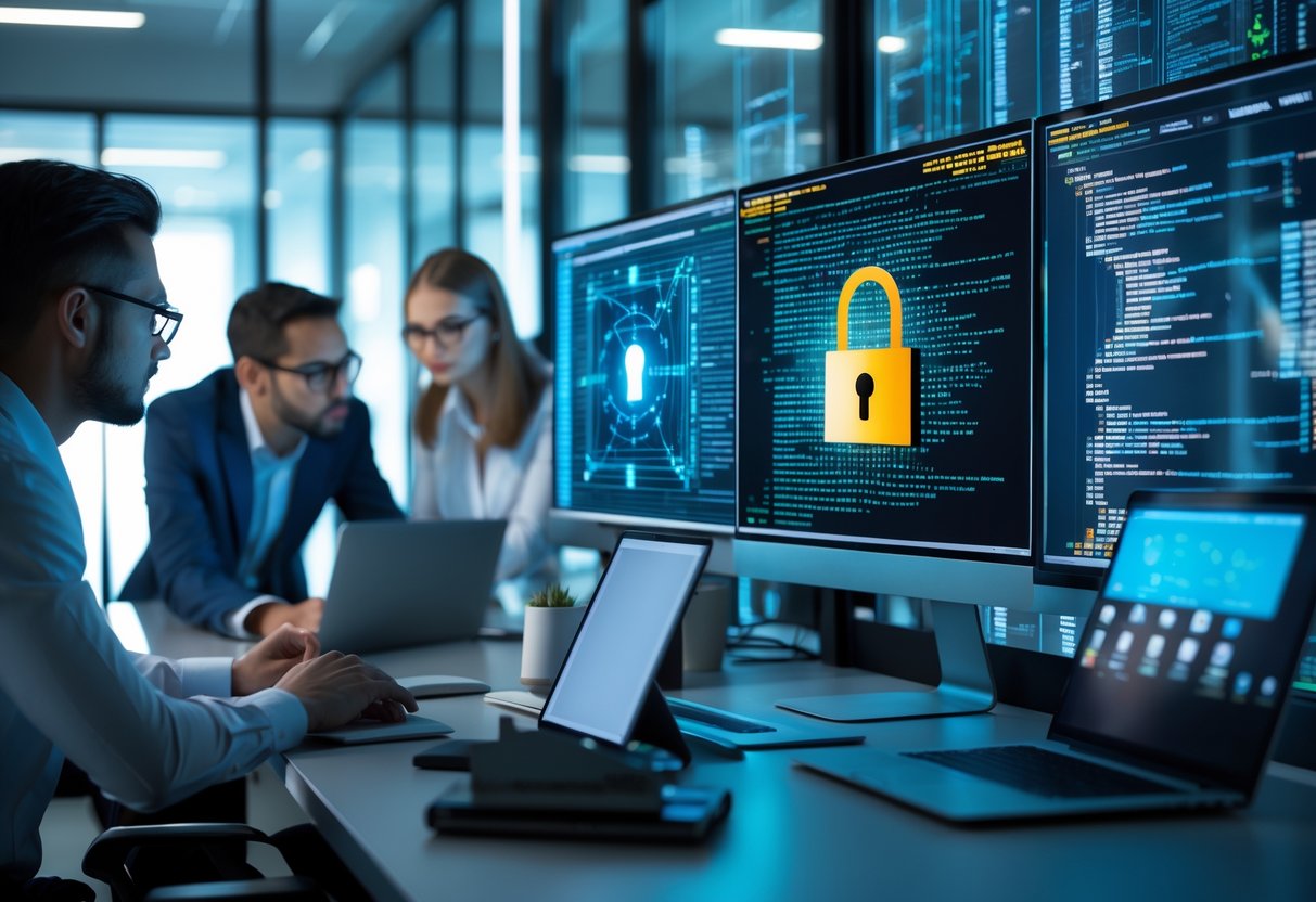 A group of IT security professionals working together in an office with computer screens showing data and a broken lock icon, representing cybersecurity testing.