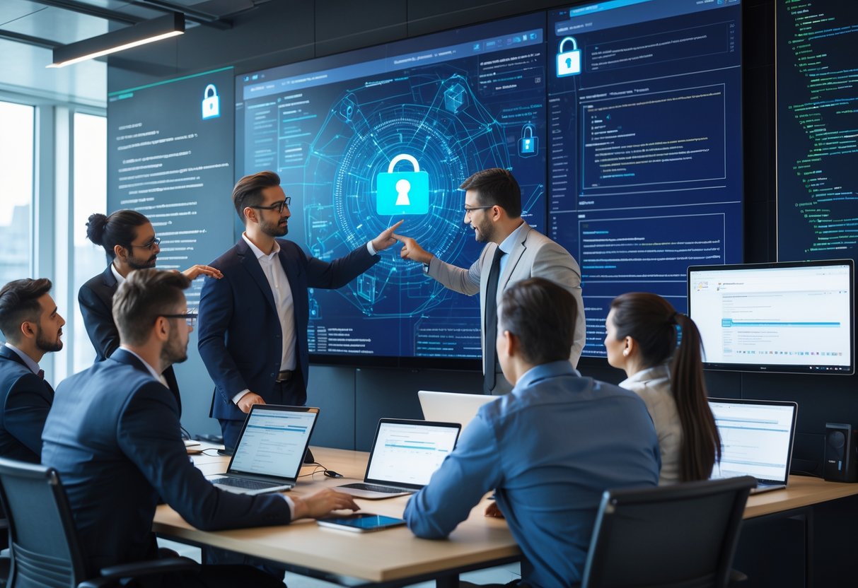 A group of IT professionals working together around a large screen displaying cybersecurity data in a modern office.