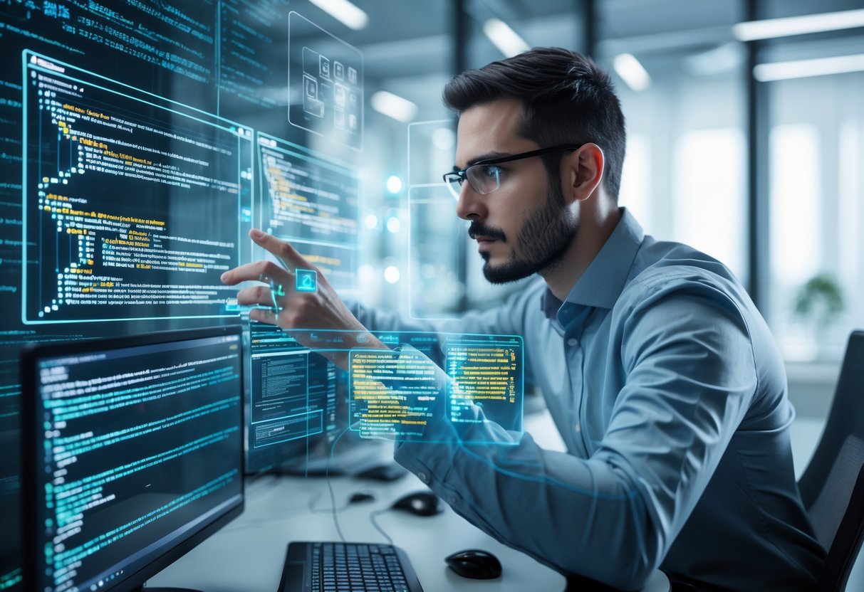 A cybersecurity expert analysing digital screens with code and security alerts in a modern office setting.