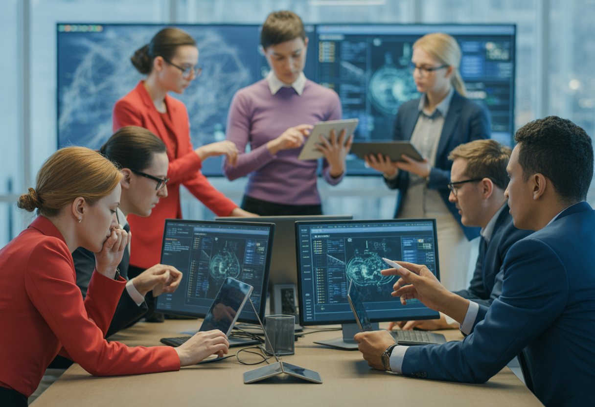 Three teams in red, blue, and purple clothing working together around a conference table in a modern office with computer screens showing cybersecurity data.