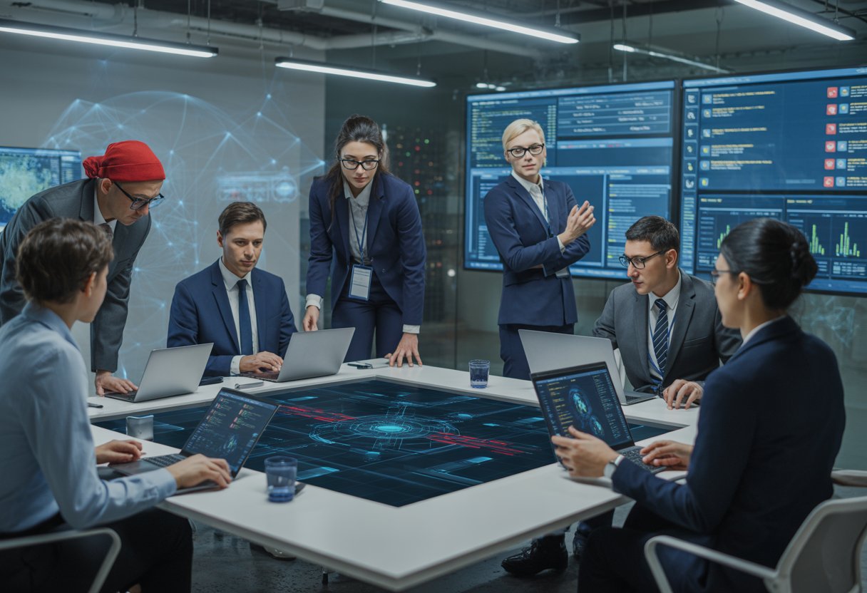 A group of cybersecurity professionals working together around a digital table displaying network diagrams, representing collaboration between offensive and defensive security teams.