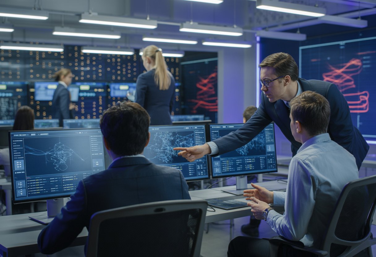 A team of IT professionals working together in a cybersecurity centre with multiple monitors showing digital data and network maps.